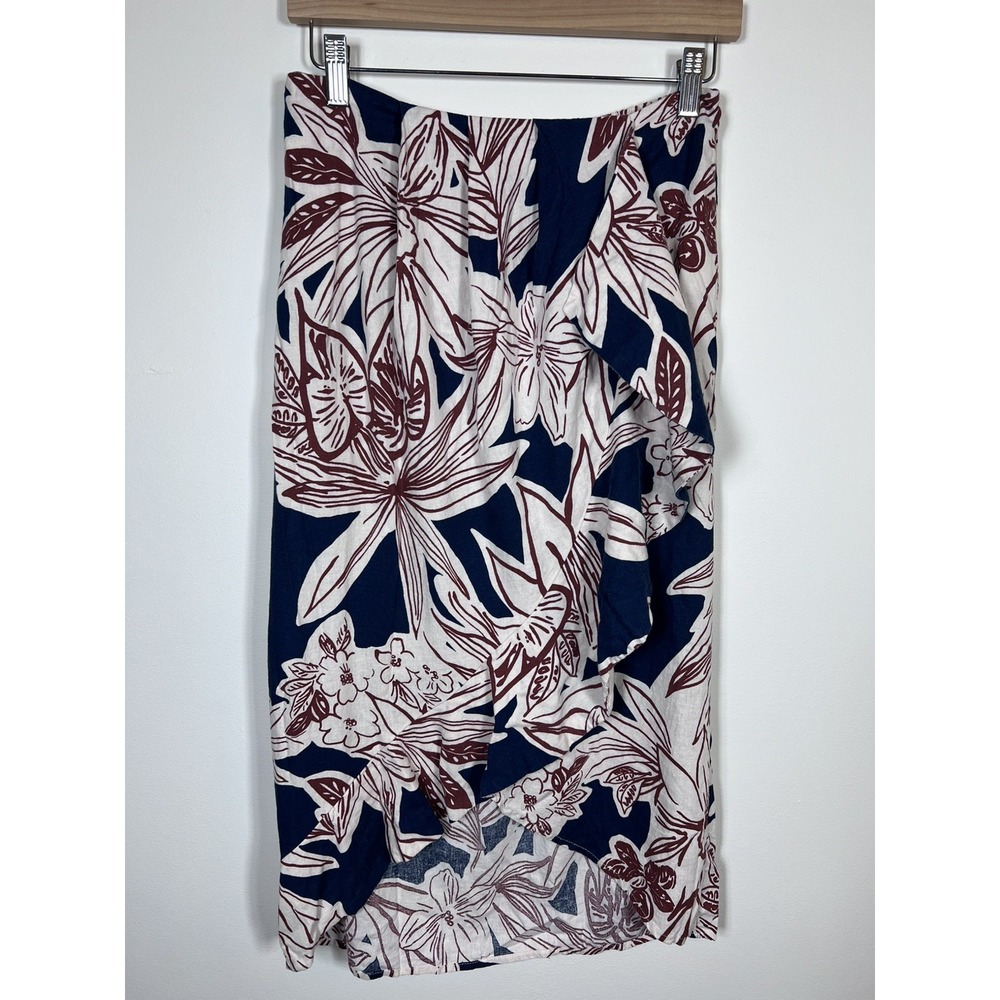Rachel Zoe Linen Tropical Floral Maxi Skirt Cover Up Size Med Faux Wrap Pull On